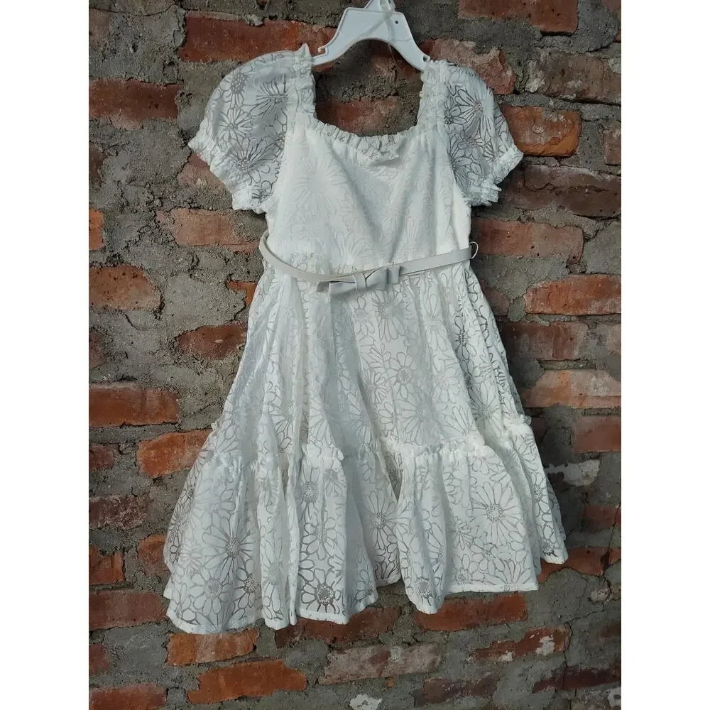 Joie Girls Dress 4-5T White Floral Puff Sleeve Belted Summer Occasion